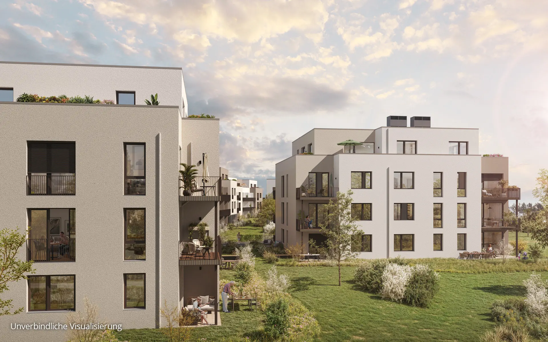 Floragärten Naunhof Blick zwischen den Wohnhäusern in die begrünte Quartiersmitte
