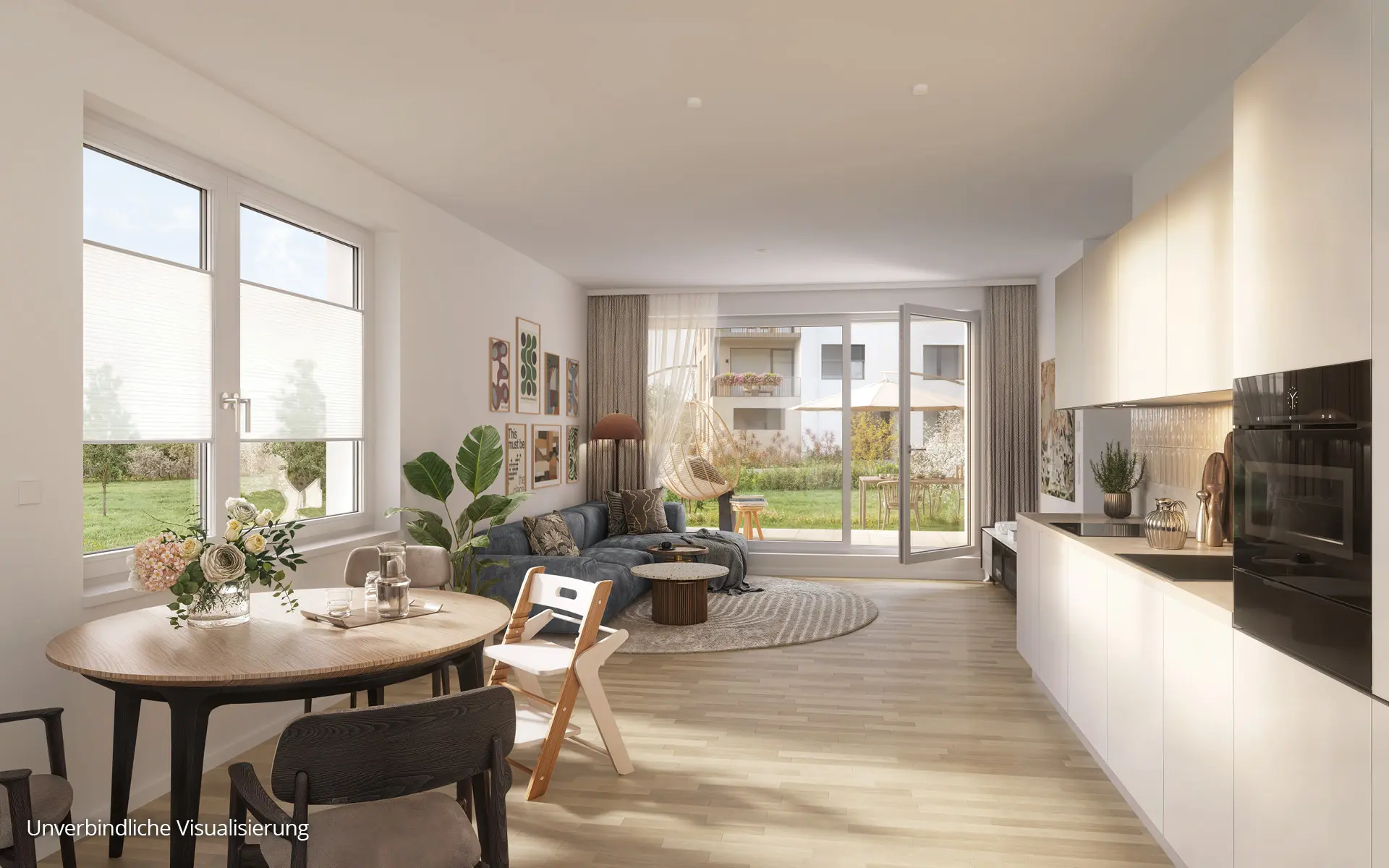 Floragärten Naunhof Innenvisualisierung einer Familienwohnung mit offener Küche und Garten