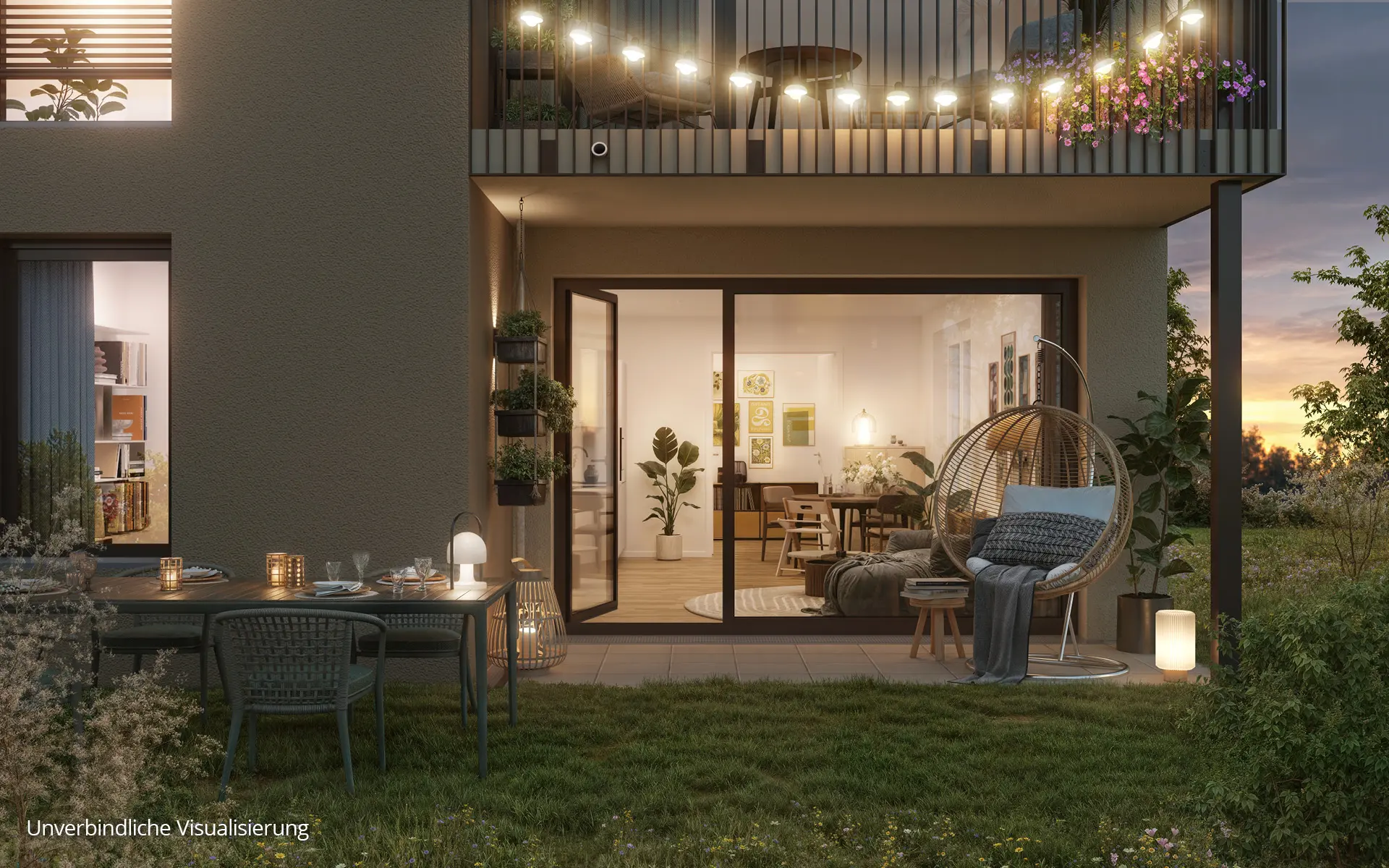 Floragärten Naunhof Terrassenvisualisierung einer Gartenwohnung am Abend