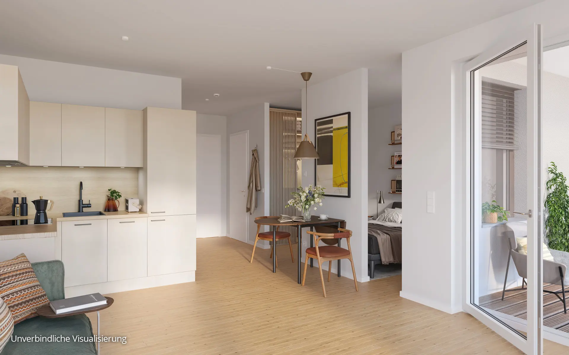 Kompakte 1 Zimmer Neubauwohnung mit offener Küche und Balkon in den Floragärten Naunhof